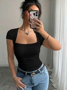 Rafferiza Áo thun nữ màu đen ôm sát, cổ chữ U, xếp ly, chất liệu cotton co giãn cao, thích hợp cho mùa xuân/hè. - màu đen - Xem 6