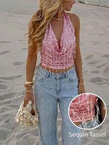 Serisse 女士夏季流苏亮片露背吊带背心，Y2K法式水钻亮片粉色露背流苏背心，性感深V领，适合派对/夜店/度假穿着，夏季女装，夏季上衣，派对上衣，优雅女士衬衫，女士度假装，女士沙滩装，亮片上衣，荷叶边上衣，粉色亮片露背吊带背心 - 粉色 - 查看 10