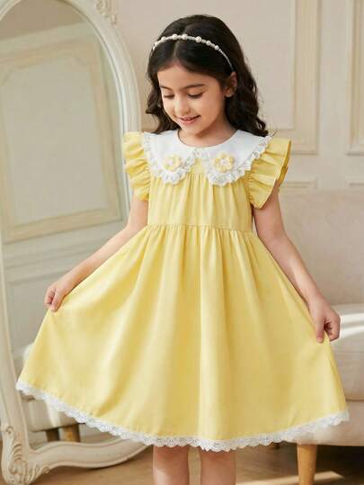 SHEIN Vintaside Kids 女童优雅甜美可爱短袖花卉提花收腰连衣裙，适合度假、假日、派对、夏季穿着