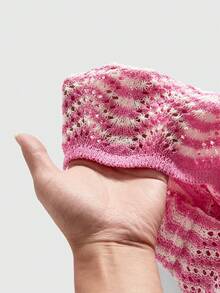 ROMWE MEN 男士复古波浪纹针织开衫，粉色和白色撞色镂空短袖毛衣 - 粉色 - 查看 6