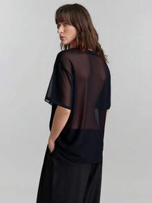 Ontre Women's Black Mesh Fabric Sheer Tops, See Through Shirt, Loose Fit Round Neck Short Sleeve T-Shirt, Sexy Chic Club Night Summer Vacation Boho - Black - View 8