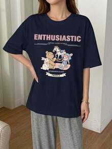 DAZY 2pcs/Set Women Cute Cartoon Print Loose Short Sleeve & Pants Sleepwear Set Pajamas - Navy Blue - View 2