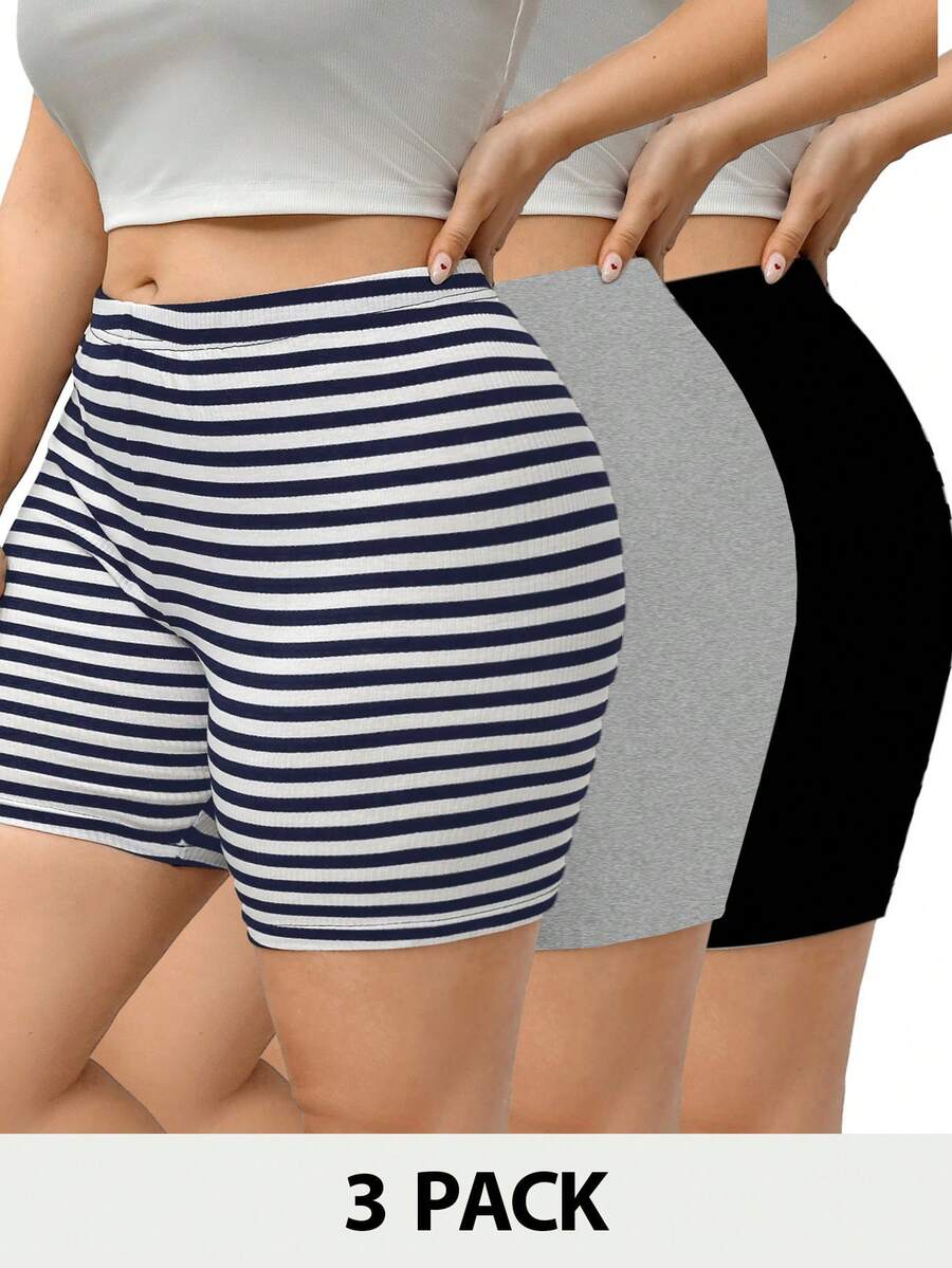 SHEIN Essnce Quần short đạp xe ôm sát, thoải mái, thời trang mới mùa hè dành cho nữ cỡ lớn (3 chiếc) - Nhiều màu - Xem 1