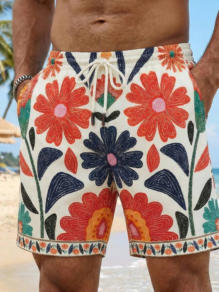 Manfinity VCAY Quần short nam in hoa, cạp chun, kiểu dáng thường ngày, thích hợp cho kỳ nghỉ. - Nhiều màu - Xem 1