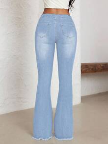 SHEIN PETITE Women's Flared Jeans With Corn Callus Buckle Design And Frayed Hem - Light Wash - View 2