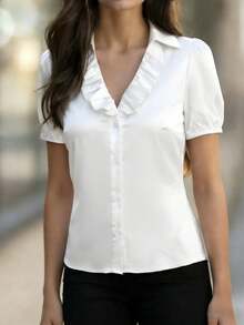 EMERY ROSE 女士优雅通勤衬衫，浪漫荷叶边领口，适合返校、派对、婚礼等场合，白色纽扣门襟，短袖，高品质缎面面料 - 白色 - 查看 4