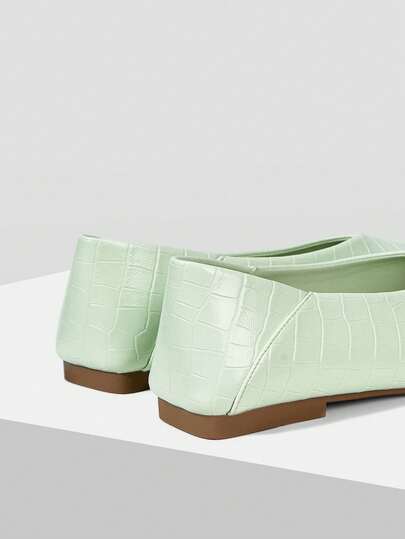 WOMEN SHOES NEW FRENCH RETRO FASHION STONE PATTERN FLAT BOTTOM SQUARE TOE V MOUTH SHOES, LIGHT GREEN SIMPLE AND VERSATILE, COMFORTABLE AND ELEGANT TEMPERAMENT, ADVANCED SENSE, SLIP-ON MARY JANE SHOES