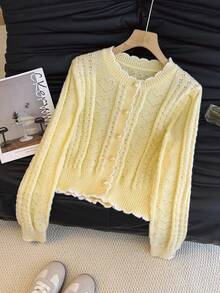 Franclia Cárdigan casual de mujer con ribete de concha de color contrastante, primavera/otoño - Amarillo - Ver 6
