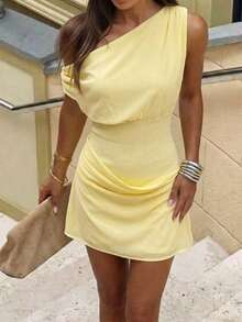 Aloruh 新款不对称肩部设计，褶皱腰身，修身杏色A字迷你连衣裙，简约日常通勤连衣裙，毕业礼服，约会派对连衣裙，纯色杏色迷你连衣裙，优雅杏色不对称肩部伞裙，修身连衣裙，短款连衣裙，派对连衣裙，女士毕业礼服，教师套装，教师裙 - 淡黃色 - 查看 6