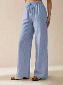 SHEIN Tall Women's Casual Summer Outfits Drawstring Waist Striped Long Pants For Daily Wear - Blue - View 4
