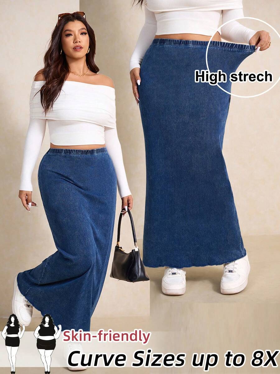 SHEIN CURVE+ 大码女式休闲日常通勤百搭弹力腰修身荷叶边牛仔裙夏季女裙夏季穿搭春季女装复活节女装节日女装沙滩裙沙滩装毕业裙休闲裙度假装女装假日装女装工作装蓝色女裙 - 中等水洗藍 - 查看 1