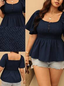 Elaquor Plus Size Women Vacation Solid Color Square Neck Button Down Shirred Ruffle Hem Blouse - Navy Blue - View 1