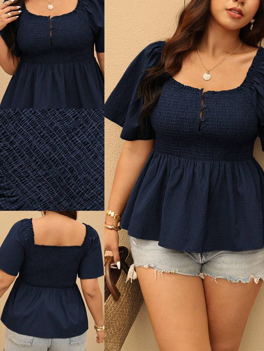 Elaquor Plus Size Women Vacation Solid Color Square Neck Button Down Shirred Ruffle Hem Blouse - Navy Blue - View 1