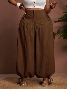 Veslaya 大码女式冬季纯色褶裥超阔腿裤，带抽绳裤脚，百搭款式，适合夏季/圣诞节/新年/感恩节/海滩/优雅场合/社交/通勤/日常/商务穿着 - 棕色 - 查看 4