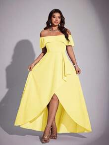 Viva Relle Plus Size Women Elegant Romantic Off-Shoulder Fitted Fishtail Dress, Spring/Summer - Yellow - View 5