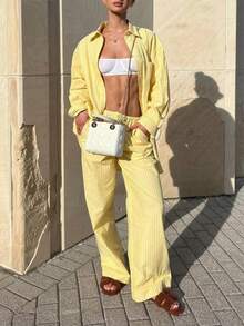 INAWLY Bộ áo dài tay trễ vai kẻ sọc và quần ống rộng cho nữ, trang phục hai mảnh giản dị mùa xuân hè - Màu vàng - Xem 1