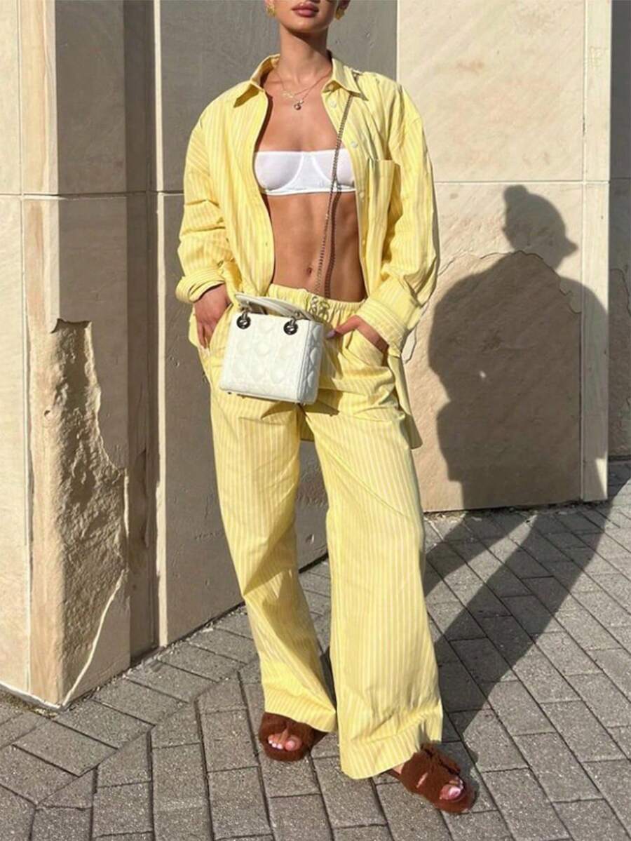 INAWLY Bộ áo dài tay trễ vai kẻ sọc và quần ống rộng cho nữ, trang phục hai mảnh giản dị mùa xuân hè - Màu vàng - Xem 1