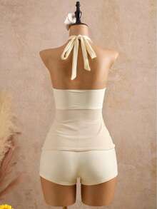 Bellisia Swim Chic Elegant Spaghetti Strap Tankini Swimwear, Metal Decor Mesh Splice Vacation Style Bikini Set - Light Yellow - View 2