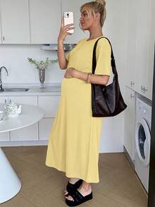 SHEIN Đầm ngắn tay dáng rộng màu trơn, thoải mái dành cho bà bầu, thích hợp mặc hàng ngày vào mùa hè. - Màu vàng - Xem 3