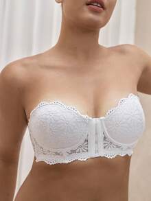 Bralution 1pc Women's White Lace Strapless Lingerie Bra With Underwire, Front Closure, Push Up - White - View 3