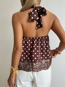 SHEIN EZwear 棕色波点缎面露背吊带女式上衣 - 咖啡棕 - 查看 3