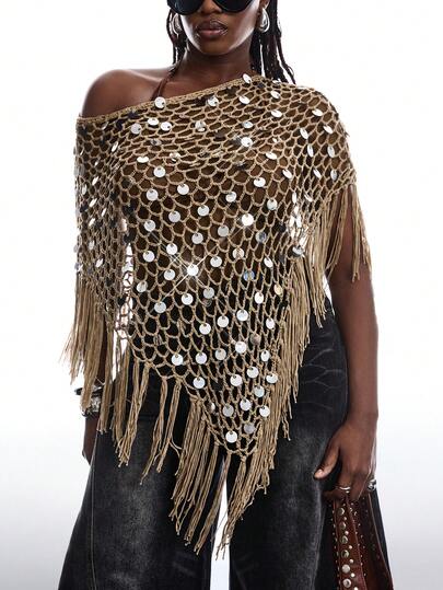 LYSMO 大码女式亮片镂空流苏休闲度假针织上衣