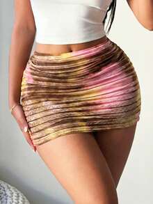 SHEIN SXY 大尺碼女款多色紮染高腰修身裙,內含短褲內襯,粉色秋季 70 年代夜晚派對波希米亞風層次荷葉邊針織 - 彩色 - 查看 5