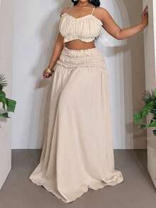 Slaydiva Women's Plus Size Beige Summer Boho Vacation Holiday 2 Pieces Set, Camisole Crop Top With Back Tie&Layered Ruffle Hem A-Line Skirt Outfit Sets - Khaki - View 7