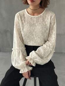 FRIFUL 女士荷叶边提花圆领宽松长袖T恤 - 杏色 - 查看 4