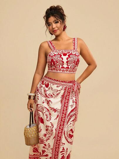 Travachic Conjunto de 2 piezas de top de tirantes con estampado floral y minifalda para mujer de talla grande, ideal para vacaciones