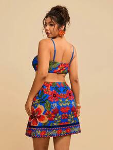 Vestido elegante de tiras finas con estampado floral tropical y recorte para mujer de talla, adecuado para uso diario, vacaciones, playa, primavera/verano - Blanco - Ver 9