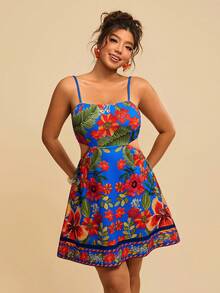 Vestido elegante de tiras finas con estampado floral tropical y recorte para mujer de talla, adecuado para uso diario, vacaciones, playa, primavera/verano - Blanco - Ver 11