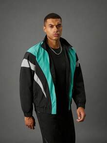 Acti Log Men's Patchwork Stand Collar Black Multi-Color Zipper Front Jacket,Autumn Smart Sporty Vacation Versatile Athletic Gym Fitness Workout Activewear - Black - View 4