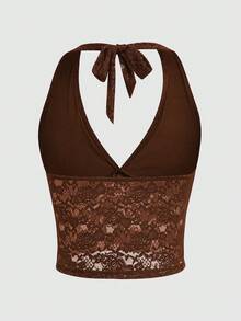 INAWLY Women's Floral Lace Cropped Fitted Sexy Halter Neck Camisole - Coffee Brown - View 6