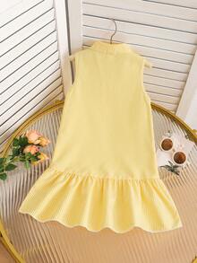 SHEIN Elladie kids 女童无袖条纹衬衫裙，带纽扣细节，适合休闲穿着 - 黃色 - 查看 2