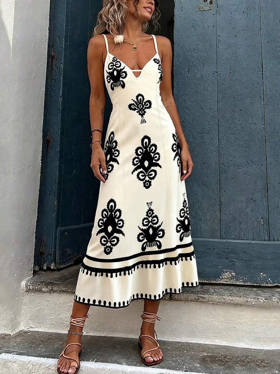 Breezaya Long Boho Spaghetti Strap Dress For Women With Random Print Flounce Hem And Ruffle Detail Woven Fabric