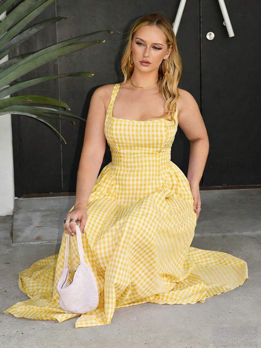 Flirla Plus Size French Romantic Plaid Strap Dress, Elegant For Spring, Summer, Fall, Vacation, Graduation - Light Yellow - View 1