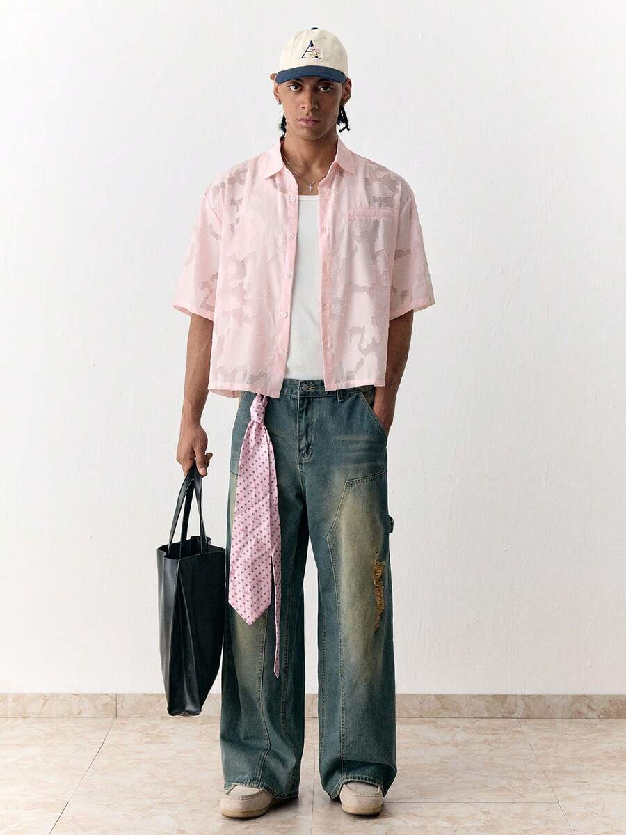 SWAVVY Áo sơ mi nam mùa hè kiểu dáng thường ngày, màu trơn, chất liệu jacquard. - Hồng - Xem 1