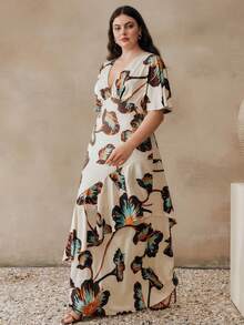 Anewsta 碎花印花收腰宽松连衣裙，大码女式沙滩装，女士夏季连衣裙，优雅连衣裙，度假装 - 彩色 - 查看 4