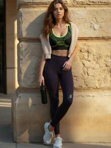 Innovista Women's Contrast Color Print Criss-Cross Strap Sports Bra Women's Black & Green Seamless Strappy Sports Bra – High Support Quick Dry Activewear For Yoga, Pilates, HIIT, Running, Boxing & Training | Breathable Mesh With Cut Out Design & Adjustable Straps | Comfortable Daily Athleisure Top For Office To Gym, Cycling & Outdoor Exercise - Green - View 12