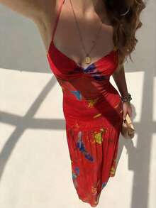 Aloruh 浪漫印花连衣裙，细肩带露背设计，适合约会、度假、春夏穿着。 - 酒紅色 - 查看 7