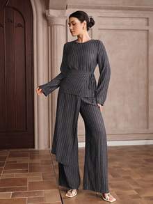 Graceveil Women's Blue White Stripe Autumn Elegant Office 3 Pieces Set Round Neck Long Sleeve Top Wide Leg Pants Business Casual Co Ords Terno Blouse Outfit - Green - View 3