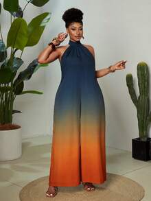 Maweii Plus Size Gradient Print Halter Jumpsuit, Casual Summer - Multicolor - View 5