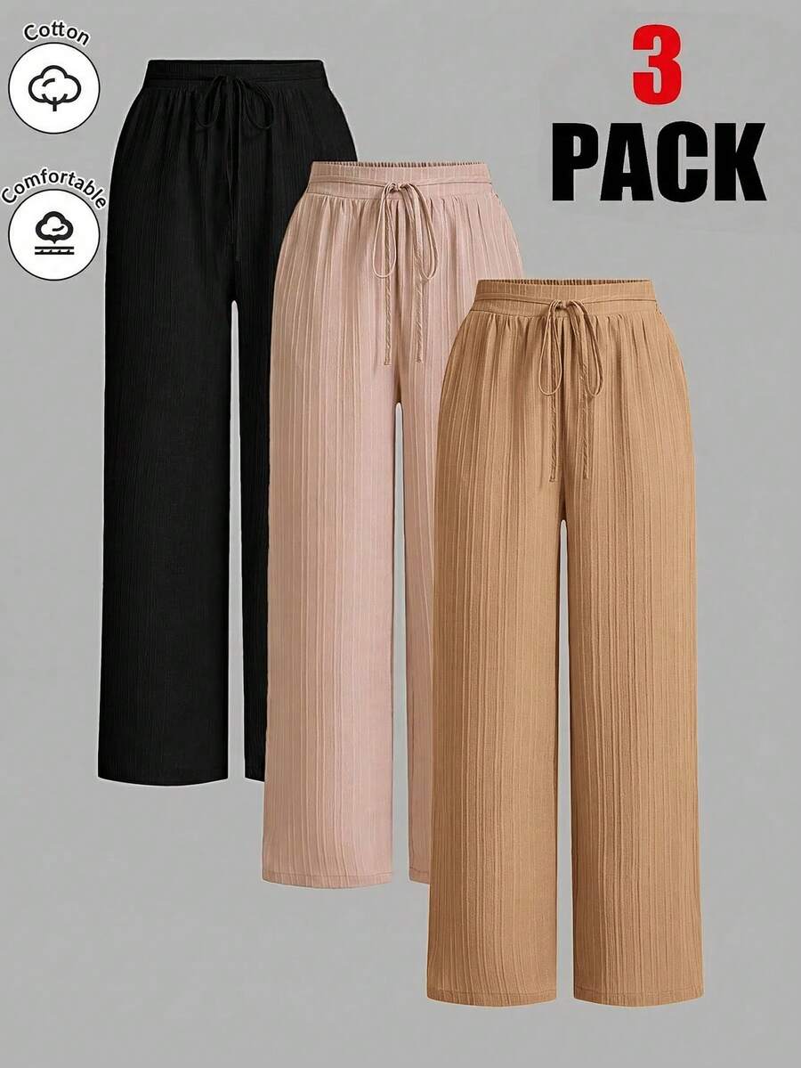 SHEIN Essnce 女士纯色系带腰阔腿宽松裤 - 卡其色 - 查看 1