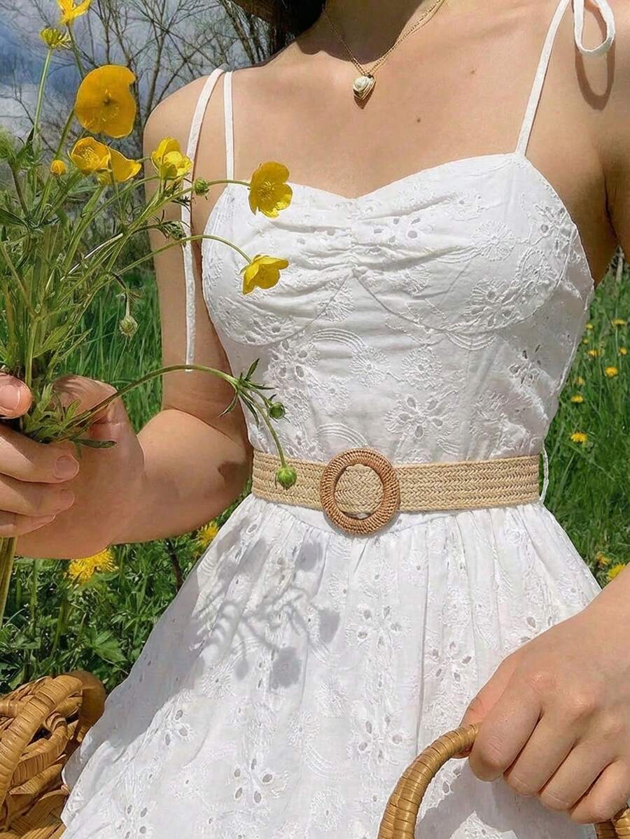 SHEIN MOD 女士夏季休闲纯色镂空刺绣荷叶边吊带中长连衣裙 - 白色 - 查看 1