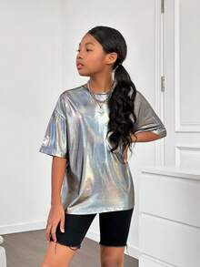 SHEIN Leap Crew Cô gái Mát mẻ Phong cách đường phố Dệt kim Vòng cổ Ngắn tay Áo Đối với Mùa xuân/Mùa hè - Nhiều màu - Xem 3