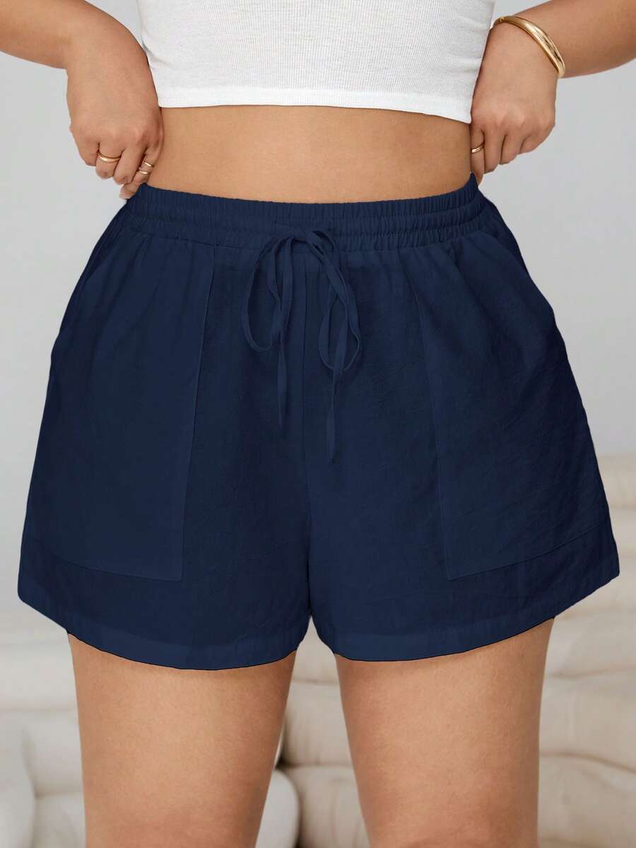 Solflare Celana Pendek Kasual Wanita Ukuran Besar Warna Biru Tua dengan Tali Serut di Pinggang - Navy Blue - View 1