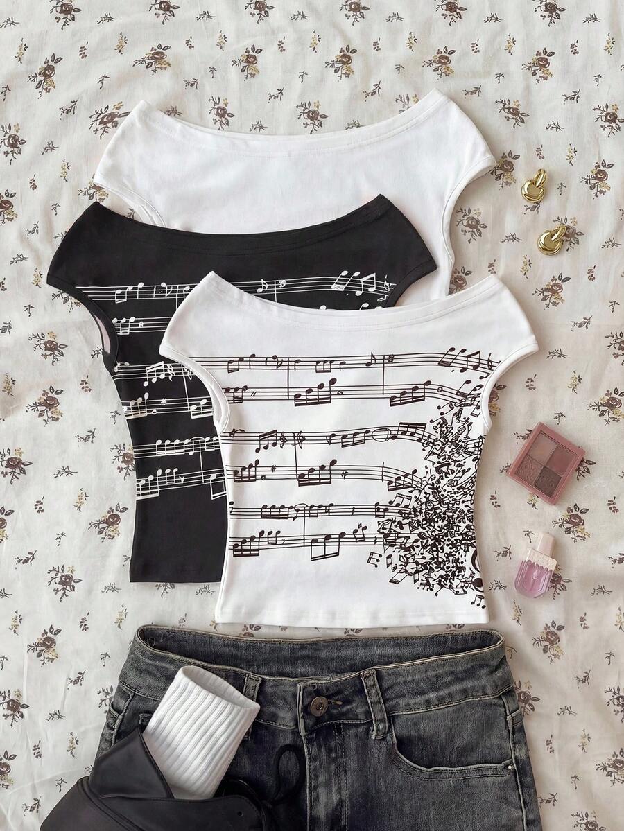 3pcs Off Shoulder Short Sleeve T-Shirt Set,White With Black Polka Dots,Summer,Y2K,School,Back-To-School Musical Note Floral Print Cropped Fit Top - Black and White - View 1