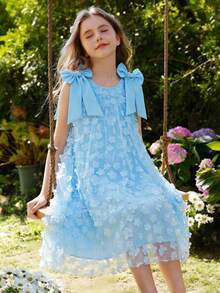 SHEIN Elegant Young Girls Blue Semi Sheer Sleeveless Short Dress Floral Patterned For Everyday Casual Wear - Blue - View 5