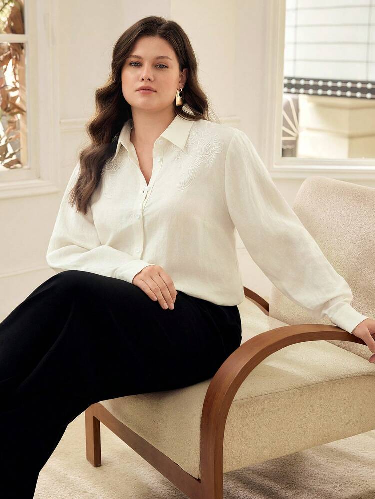 PLUS SIZE WOMEN'S TURN-DOWN COLLAR LONG SLEEVE SHIRT, SPRING/SUMMER